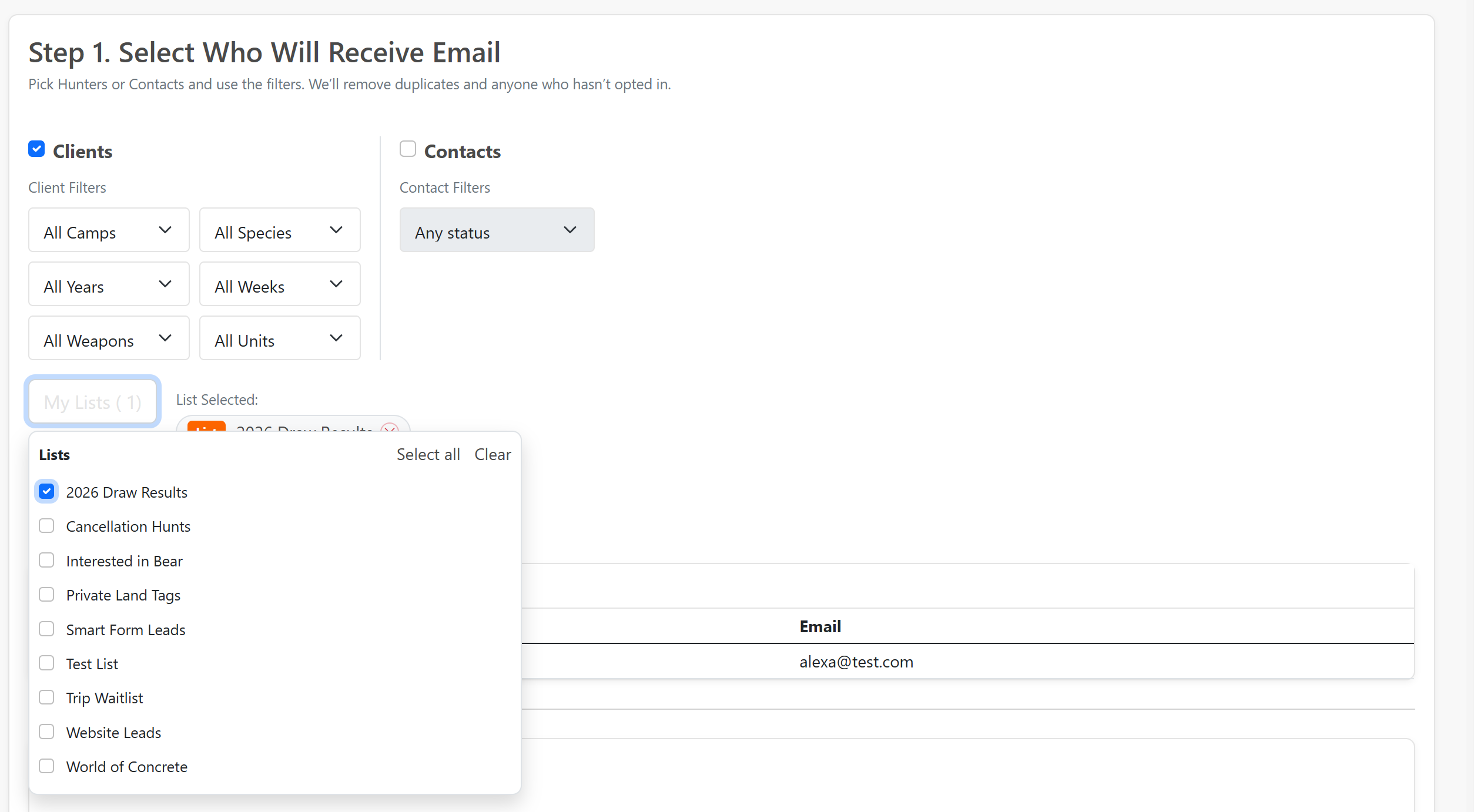 Bulk email audience builder with a list selected
