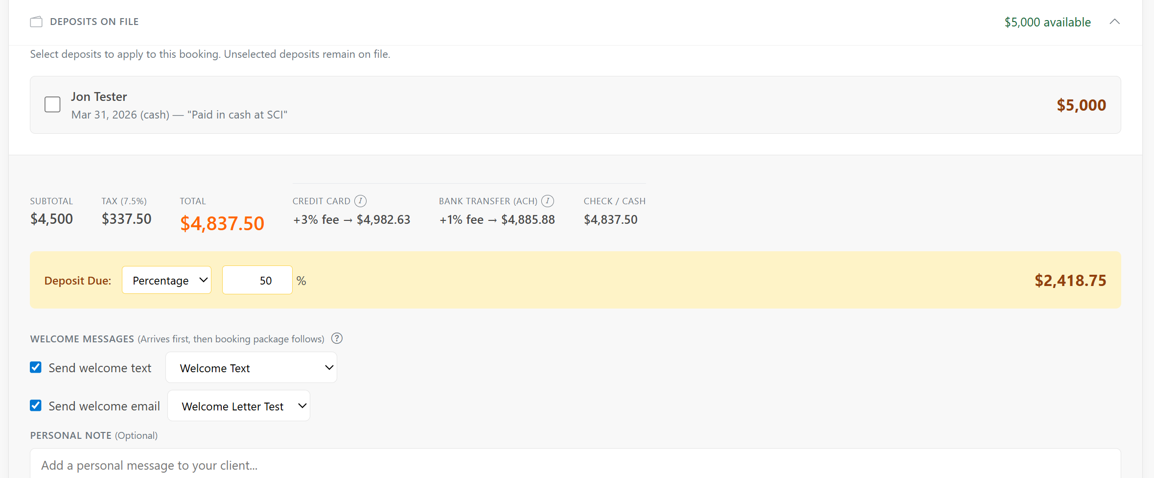 Trip Builder totals footer showing subtotal, tax, deposit, and payment options